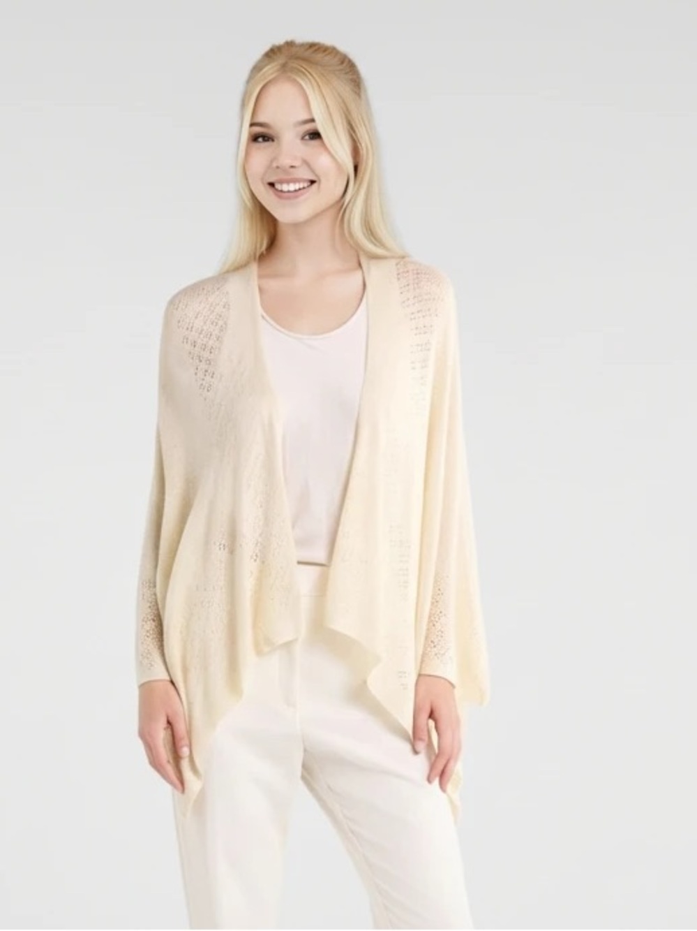 American Eagle Outfitters Cream Open-Front Lightweight Lace Cardigan